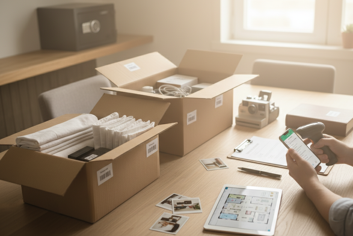 A person making a household inventory using their phone and an app.